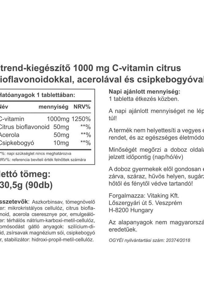 Vitaking Vitamin C 1000 mg label with Citrus Bioflavonoids and Acerola supplement details.