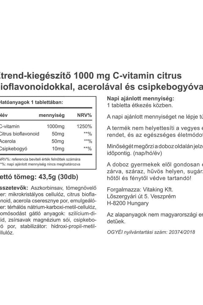 Product label for Vitaking Vitamin C 1000 mg with Citrus Bioflavonoids and Acerola, nutritional information and dosage.