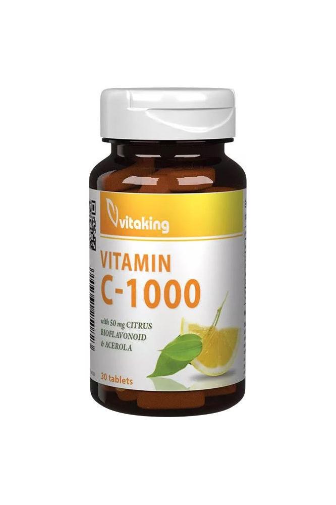 Vitaking Vitamin C 1000 mg supplement with 50 mg Citrus Bioflavonoids and Acerola, 30 tablets, promoting immune support.
