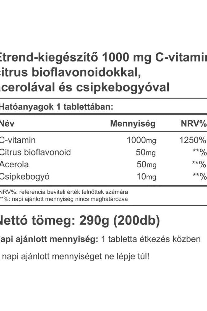 Vitaking Vitamin C supplement label showing 1000 mg with citrus bioflavonoids and acerola ingredients.