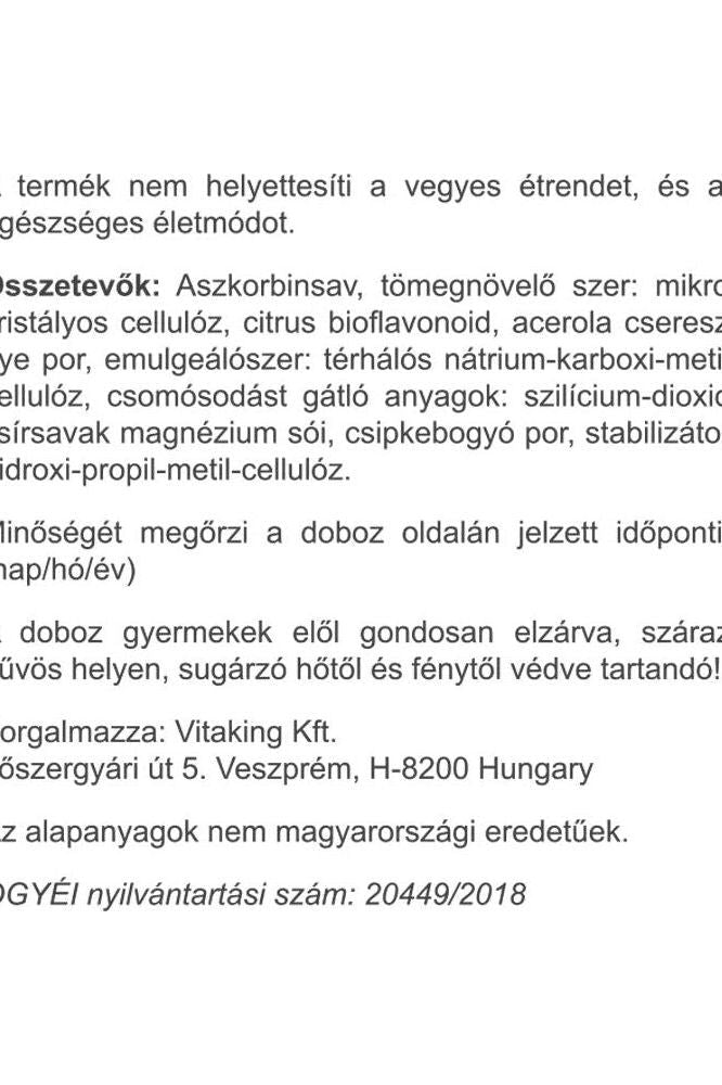 Vitaking Vitamin C 1000 mg product ingredients and usage instructions in Hungarian.
