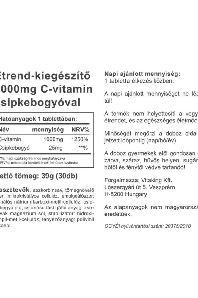 Vitaking Vitamin C 1000 mg supplement label showing ingredients and usage instructions.