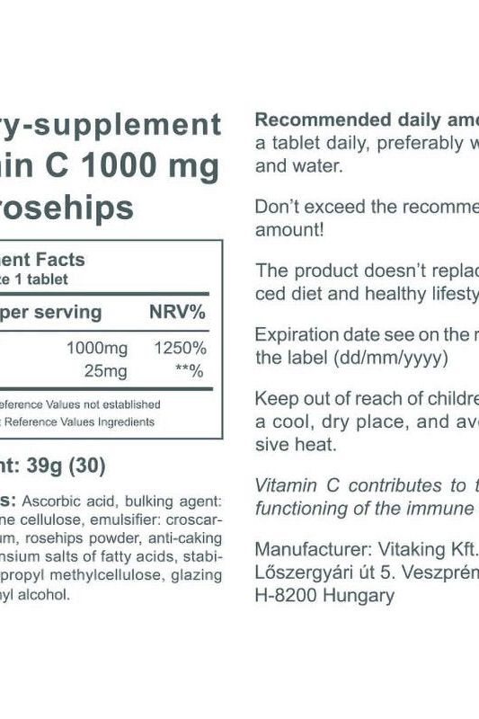 Label of Vitaking Vitamin C 1000 mg with Rosehip, detailing ingredients, serving size, and benefits.