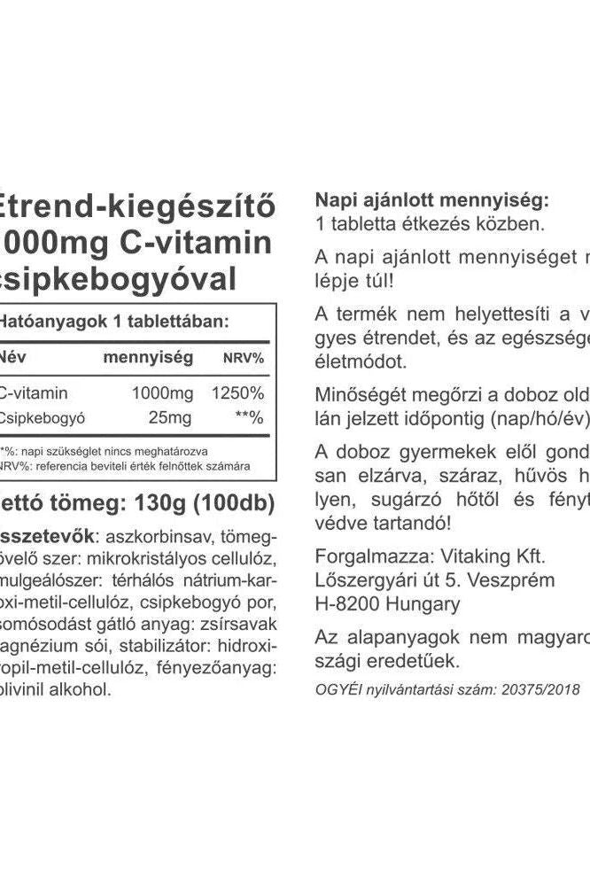 Vitaking Vitamin C 1000 mg supplement label with rosehip details and health benefits listed.