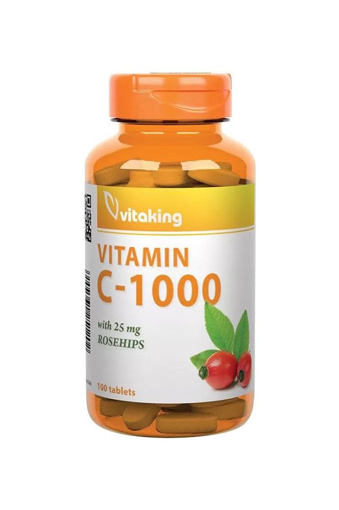 Vitaking Vitamin C 1000 mg with Rosehips bottle featuring 100 tablets for immune support and energy production.