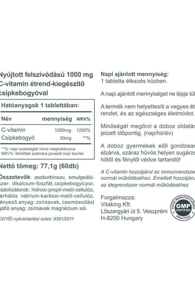 Nutrition label for Vitaking Vitamin C-1000 Time Release with Rosehips, detailing ingredients and serving size.