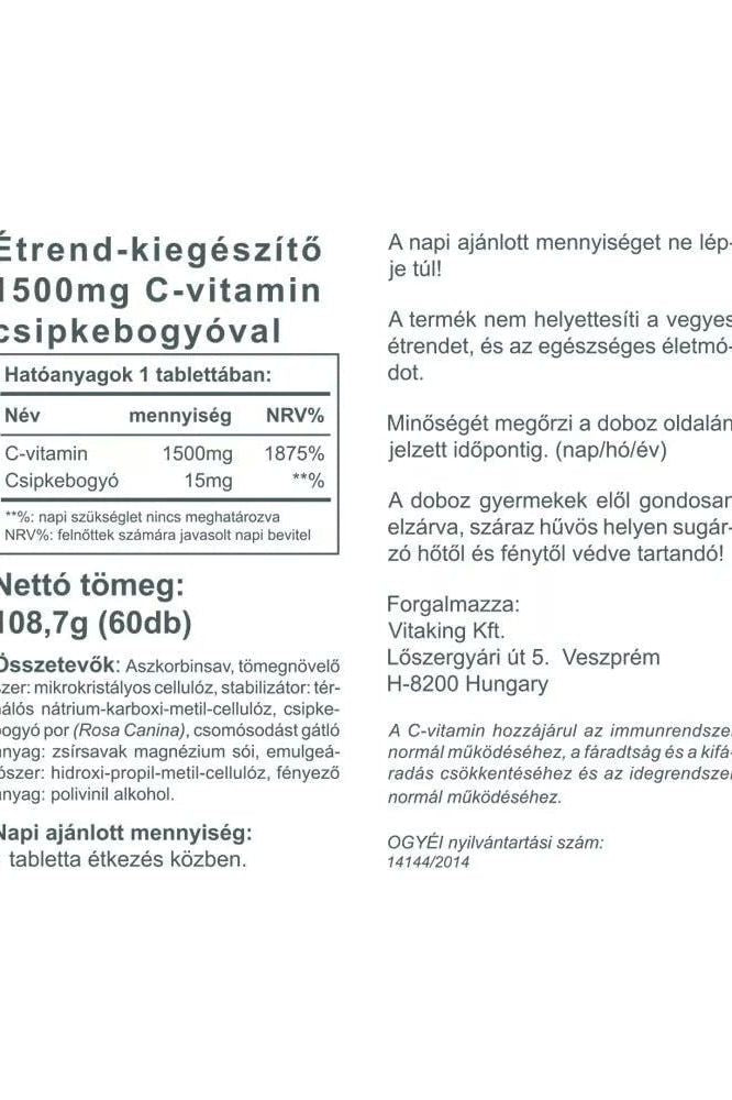 Product label for Vitaking Vitamin C 1500 mg with Rosehips, detailing ingredients and nutritional information.
