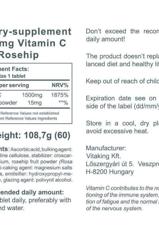 Label of Vitaking Vitamin C 1500 mg with Rosehip showcasing ingredients and usage instructions.