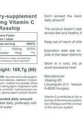 Label of Vitaking Vitamin C 1500 mg with Rosehip showcasing ingredients and usage instructions.