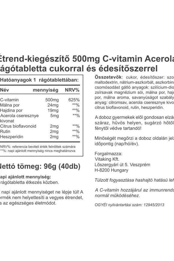 Nutritional label of Vitaking Vitamin C-500 Acerola Plus chewables, highlighting ingredients and health benefits.