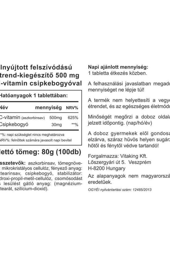 Vitaking Vitamin C-500 Time Release label with rosehips, 500mg Vitamin C, 100 tablets, nutritional information.