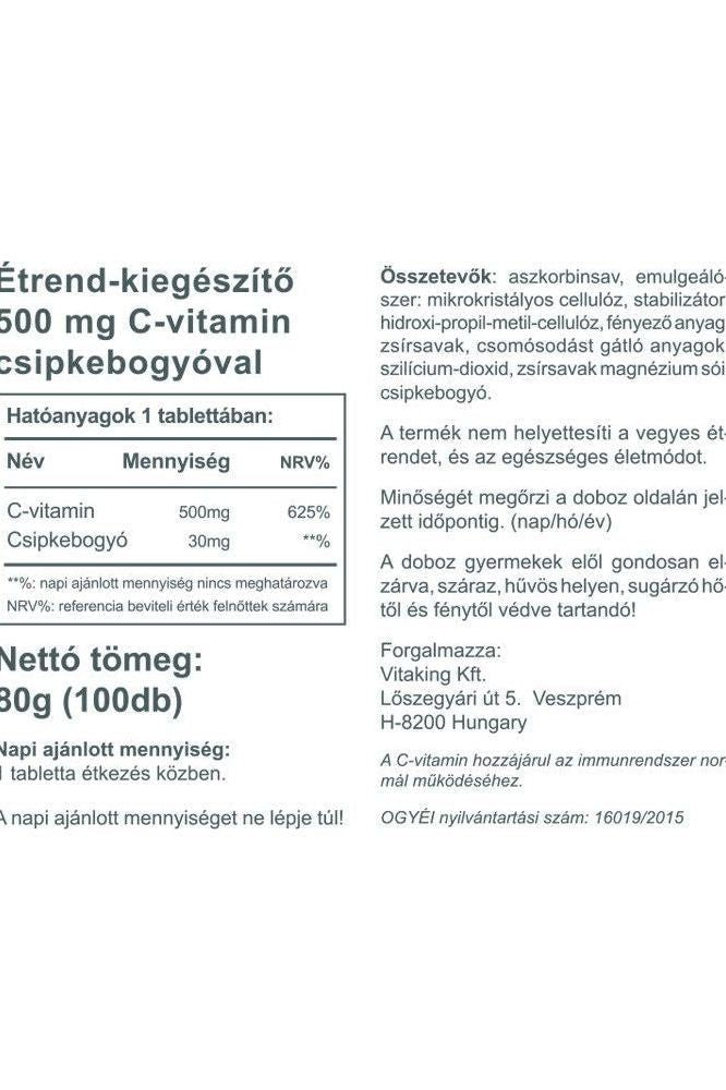 Vitaking Vitamin C-500 with Rosehips product label showing ingredients and nutritional information.