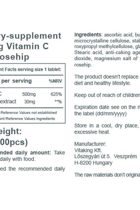 Vitaking Vitamin C-500 with Rosehip supplement label detailing ingredients and usage instructions.
