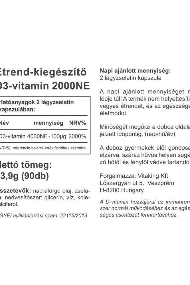 Vitaking Vitamin D3 supplement label showing dosage, ingredients, and health benefits for calcium absorption.