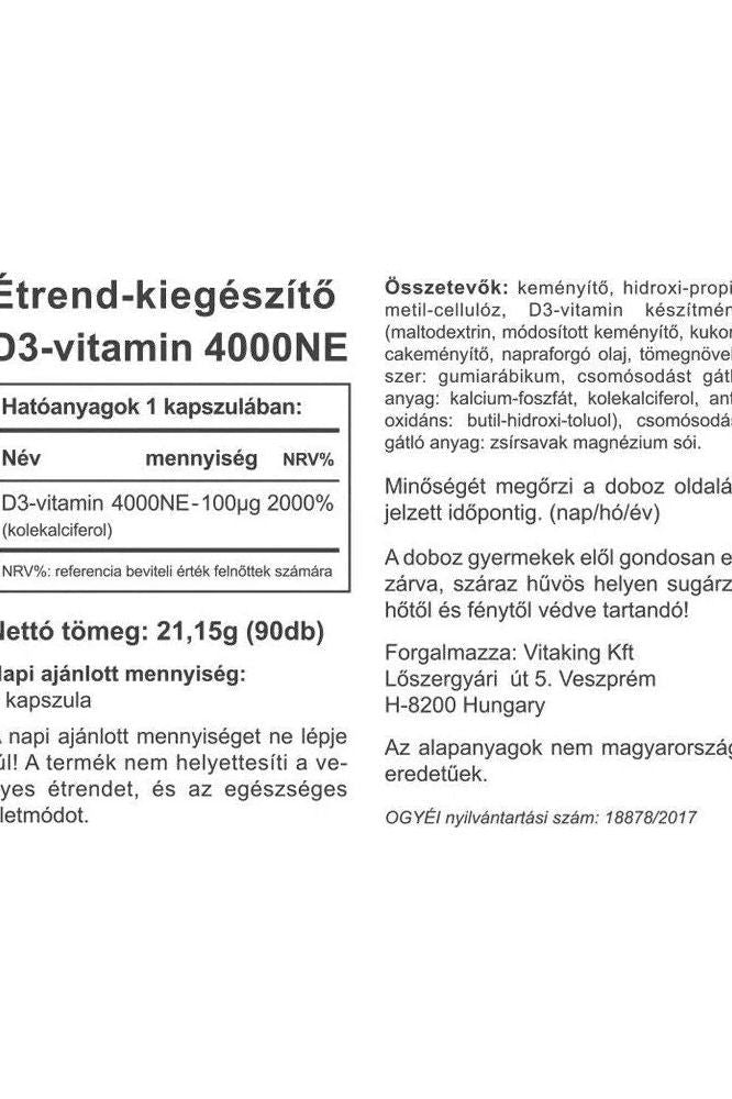 Vitaking Vitamin D-4000 NE supplement label details including ingredients and usage instructions.