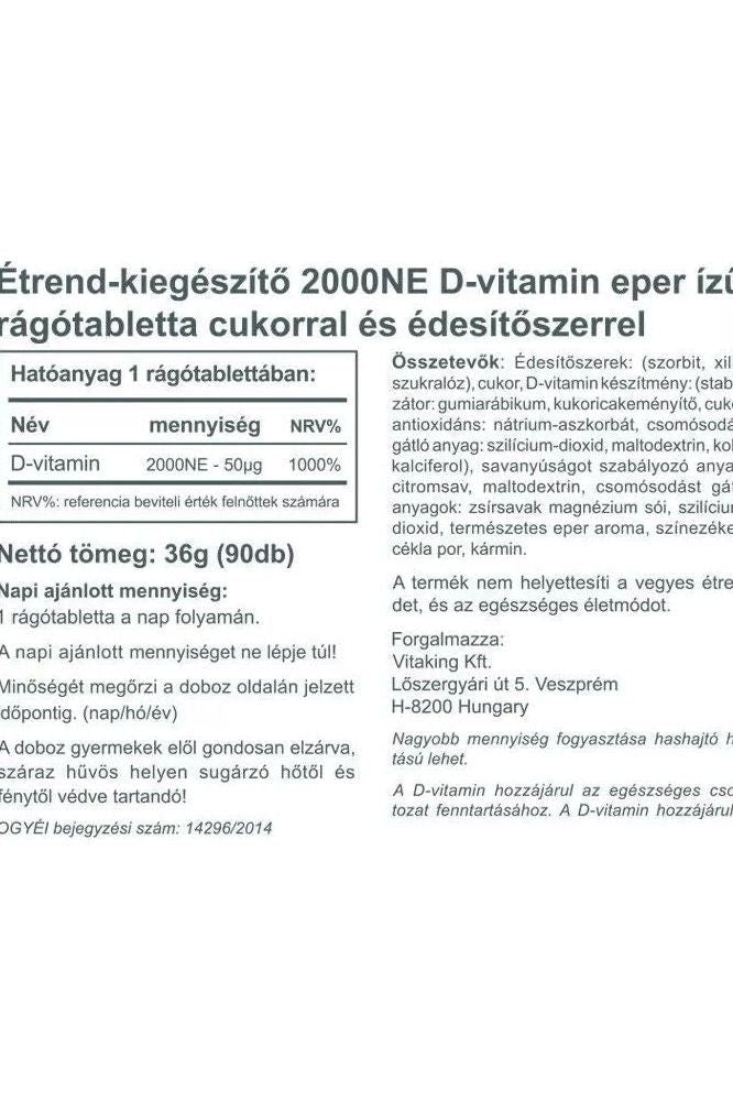 Vitaking Vitamin D3 2000 IU chewable tablet nutritional information and benefits label.