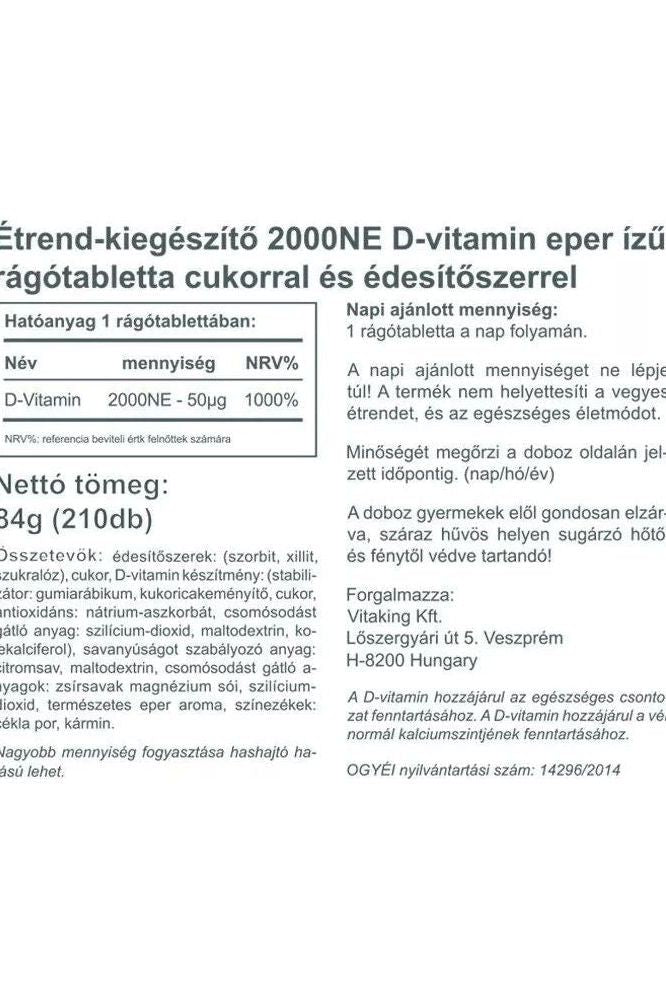 Vitaking Vitamin D3 2000 IU chewable tablet nutritional label in Hungarian featuring benefits and ingredients.