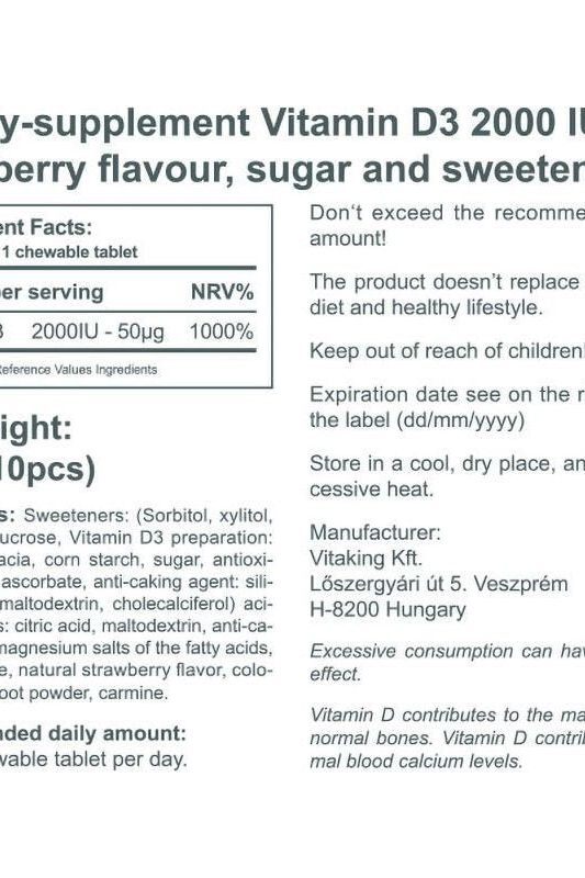 Vitaking Vitamin D3 2000 IU chewable tablet label with nutritional information and usage guidelines.