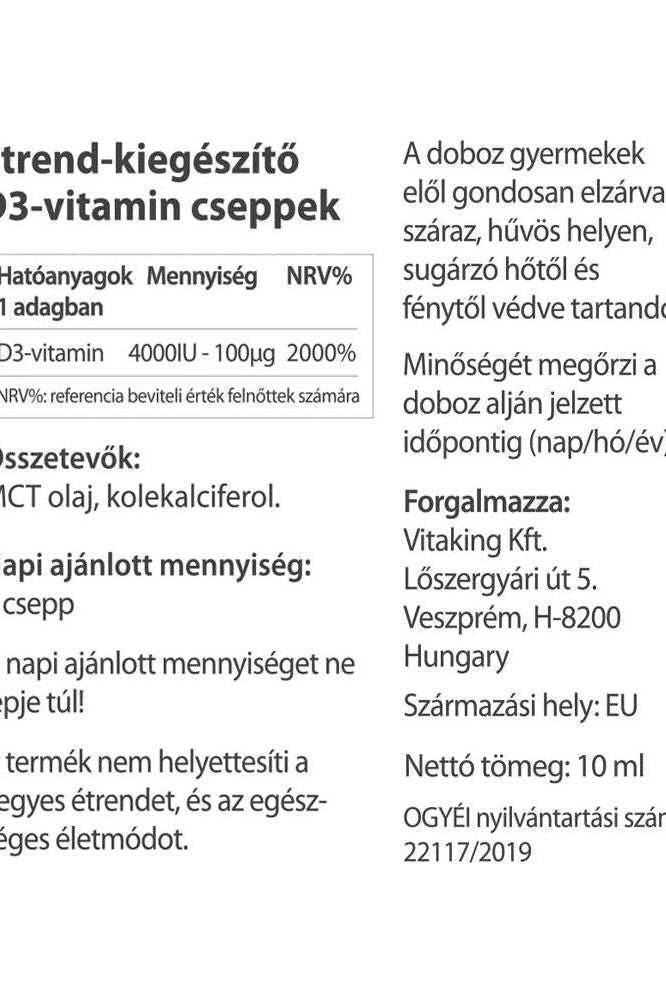Vitaking Vitamin D3 drops label with ingredients, nutritional info, and usage instructions in Hungarian.