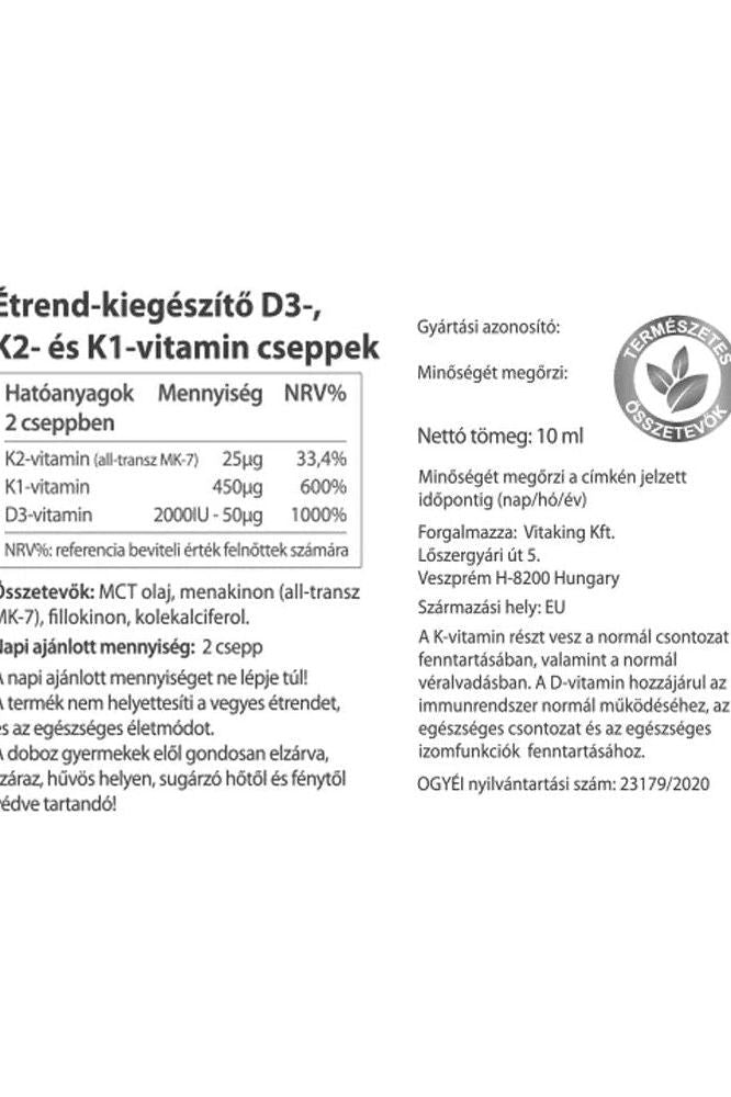 Label of Vitaking Vitamin D3 K2 K1 drops, detailing ingredients and benefits in Hungarian.