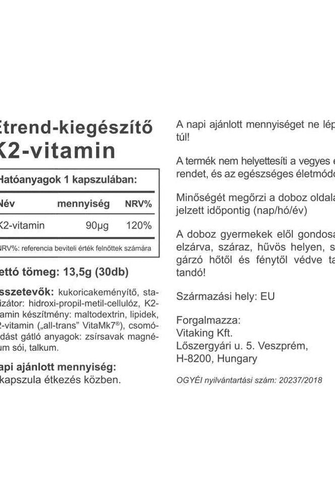 Vitaking Vitamin K2 90 mcg supplement label with dosage information and benefits for bone health.