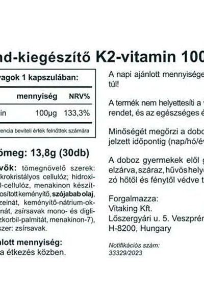 Vitaking K2 vitamin supplement label showing ingredients, dosage, and health benefits for bone and heart health.