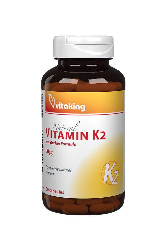 Vitaking Vitamin K2 90 mcg capsules in a brown bottle, promoting bone and cardiovascular health.