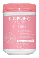 Vital Proteins Beauty Collagen powder container, strawberry-lemon flavor, supports skin, hair, and nails health.