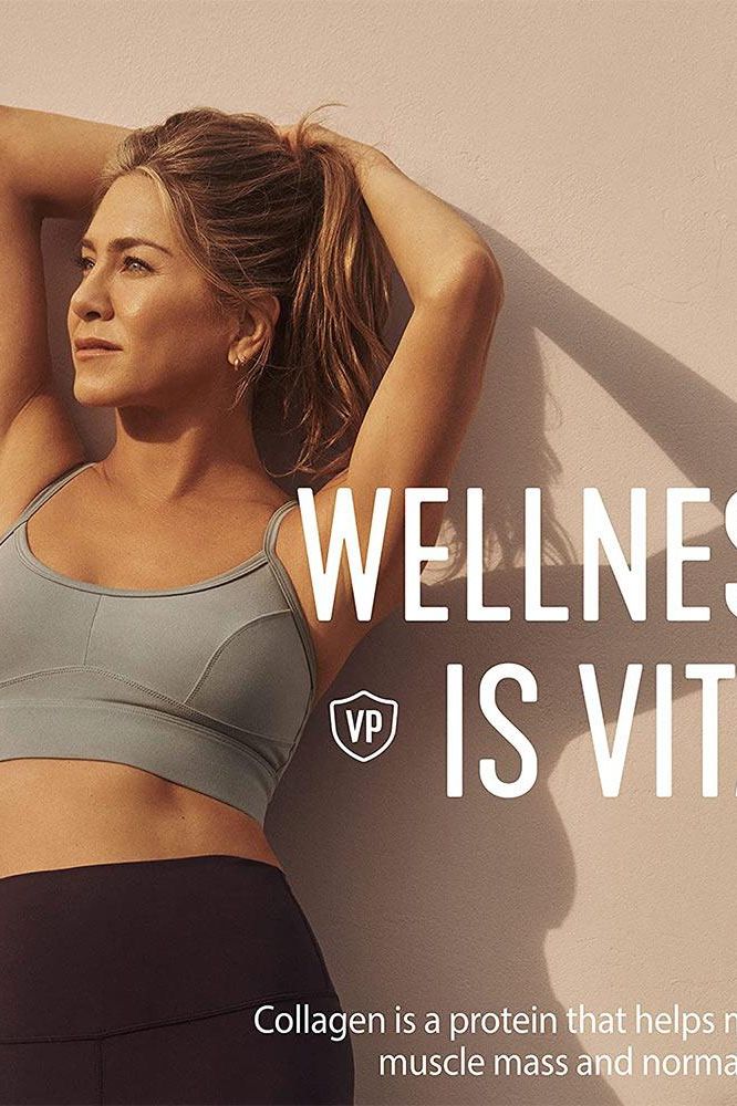 Woman promoting wellness with a focus on collagen, emphasizing its benefits for muscle mass and healthy living.