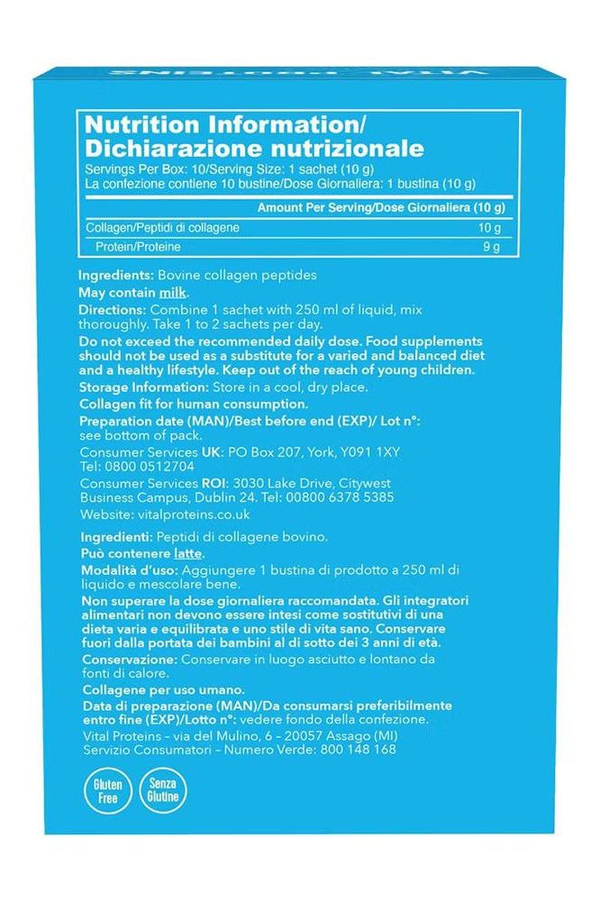 Nutrition information for Vital Proteins Collagen Peptides, includes serving size and ingredients.