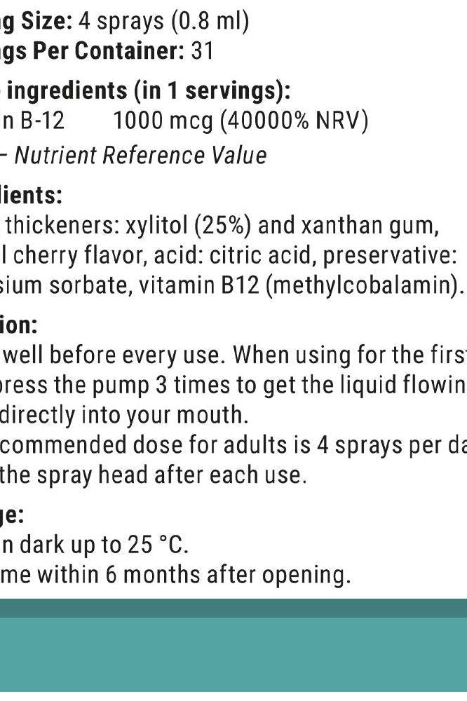 Nutritional information for Vitamin360 B-12 Oral Spray, detailing ingredients and usage instructions.
