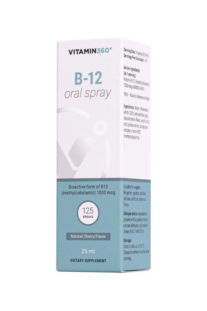 Vitamin360 B-12 Oral Spray 25 ml, sweet cherry flavor, bioactive methylcobalamin, dietary supplement.