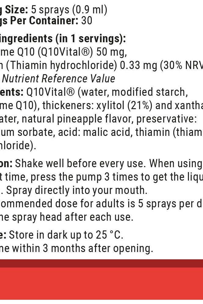 Ingredient details and usage instructions for Vitamin360 CoQ10 50mg oral spray, pineapple flavor.