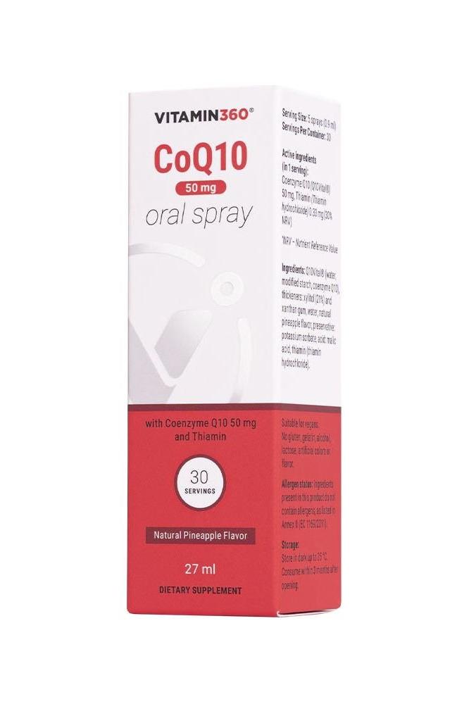 Vitamin360 CoQ10 50mg Oral Spray in Pineapple flavor, 27ml dietary supplement packaging.