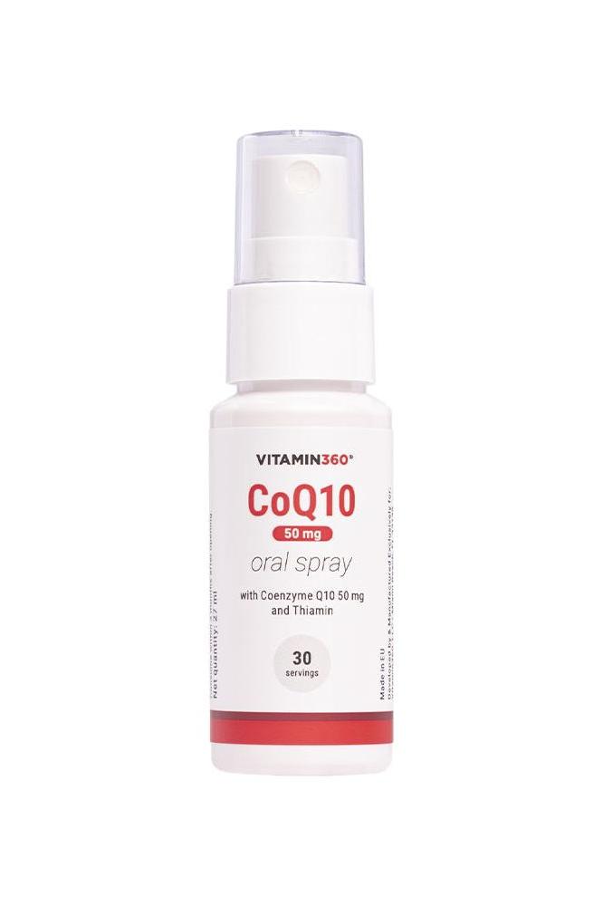 Vitamin360 CoQ10 50mg oral spray with thiamin, antioxidant supplement, 30 servings in a compact bottle.