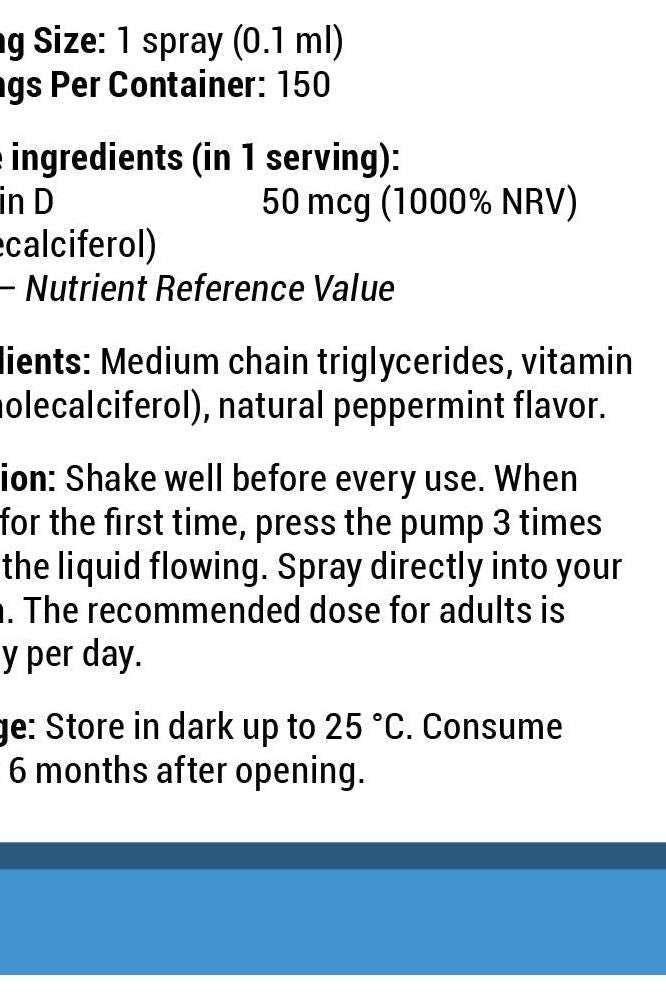 Ingredient information for Vitamin360 D-2000 oral spray, including serving size, nutrients, and usage instructions.