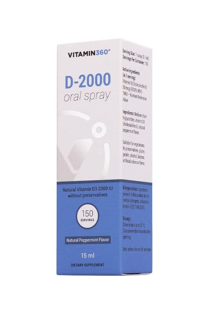 Vitamin360 D-2000 Oral Spray in natural peppermint flavor, 15 ml, dietary supplement with 150 servings.