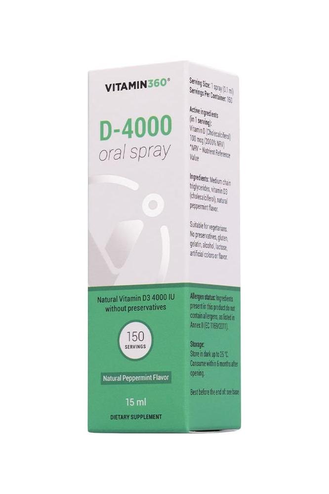 Vitamin360 D-4000 Oral Spray in peppermint flavor, 15 ml, dietary supplement for easy vitamin D intake.