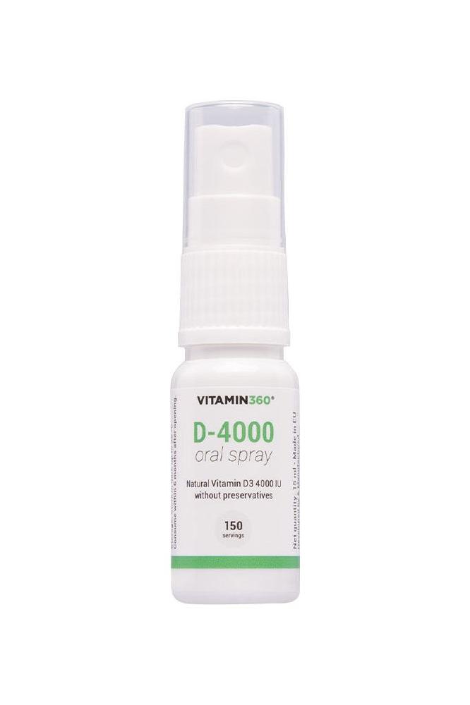 Vitamin360 D-4000 Oral Spray 15ml, natural peppermint flavor, convenient vitamin D3 spray without preservatives.