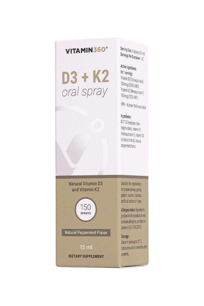 Vitamin360 D3 + K2 oral spray, 15 ml with natural peppermint flavor, dietary supplement, 150 sprays per bottle.