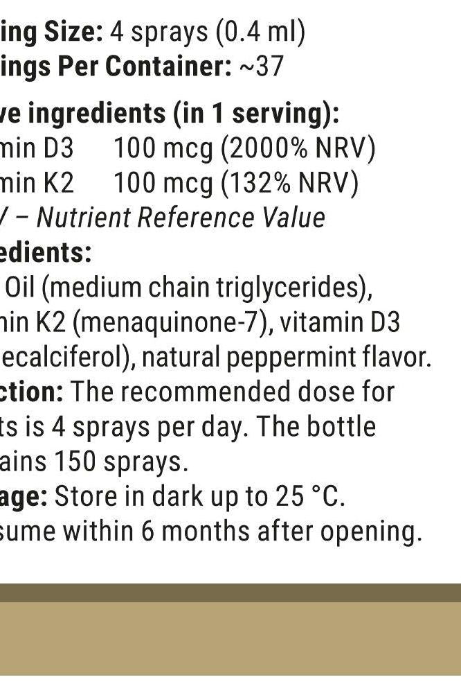 Vitamin360 D3 + K2 Oral Spray ingredient list and dosage instructions on a cream-colored background.