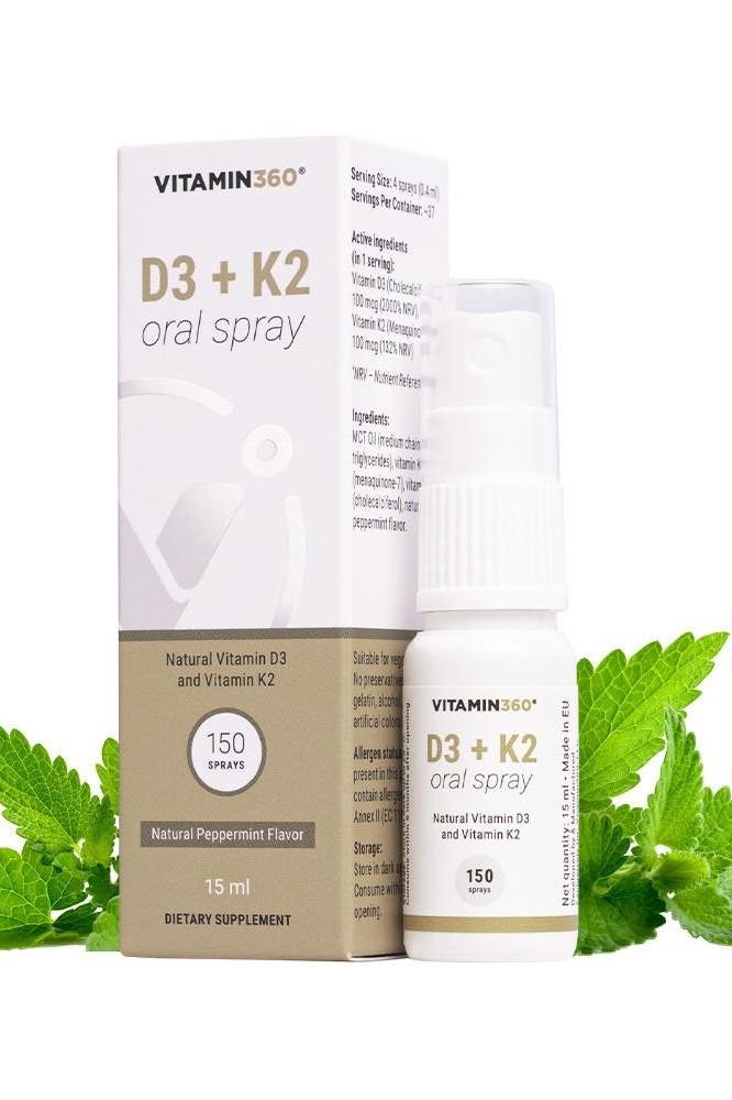Vitamin360 D3 + K2 oral spray in natural peppermint flavor, 15 ml dietary supplement with packaging.