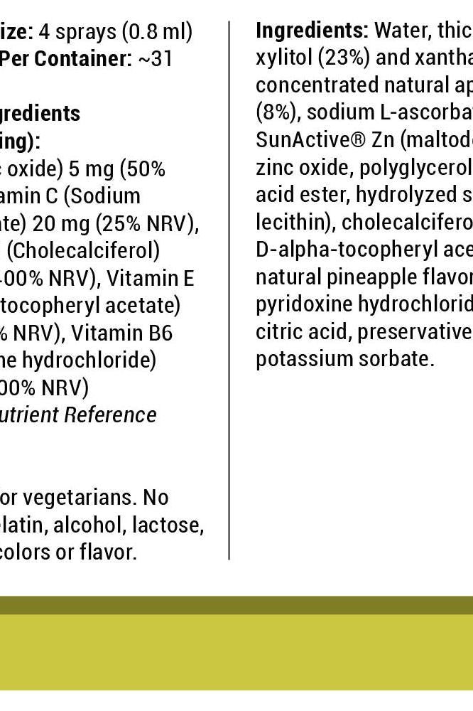 Label showing ingredients and nutrition for Vitamin360 Zinc Plus Oral Spray, Pineapple flavor, 25 ml.