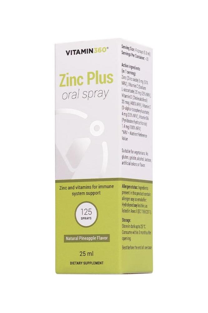 Vitamin360 Zinc Plus oral spray in pineapple flavor, 25 ml, dietary supplement for immune support.