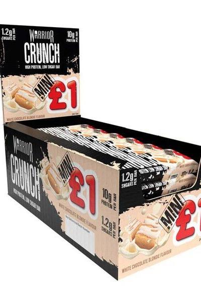 Warrior Crunch Mini Protein Bars display box with high protein and low sugar, featuring white chocolate flavor.