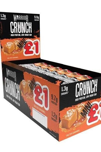 Warrior Crunch Protein Bar Mini box with 24 high protein low sugar bars, 9.8g protein per bar, salted caramel flavor.
