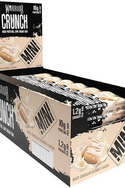 Warrior Crunch Protein Bar Mini box featuring high protein and low sugar, with white chocolate flavor.