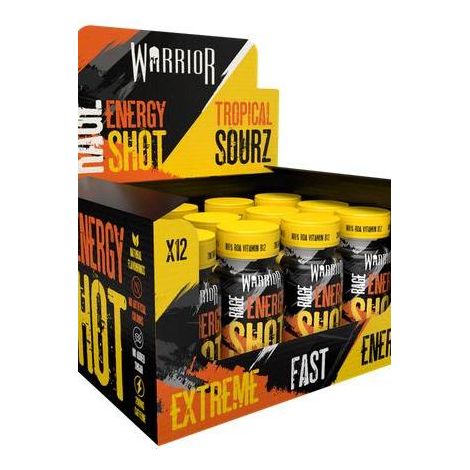 Warrior Rage Energy Shots display box with 12 Tropical Sourz energy shots, promoting focus and endurance.