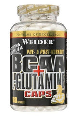Weider BCAA + L-Glutamine Caps bottle containing 180 capsules for muscle recovery and strength building.