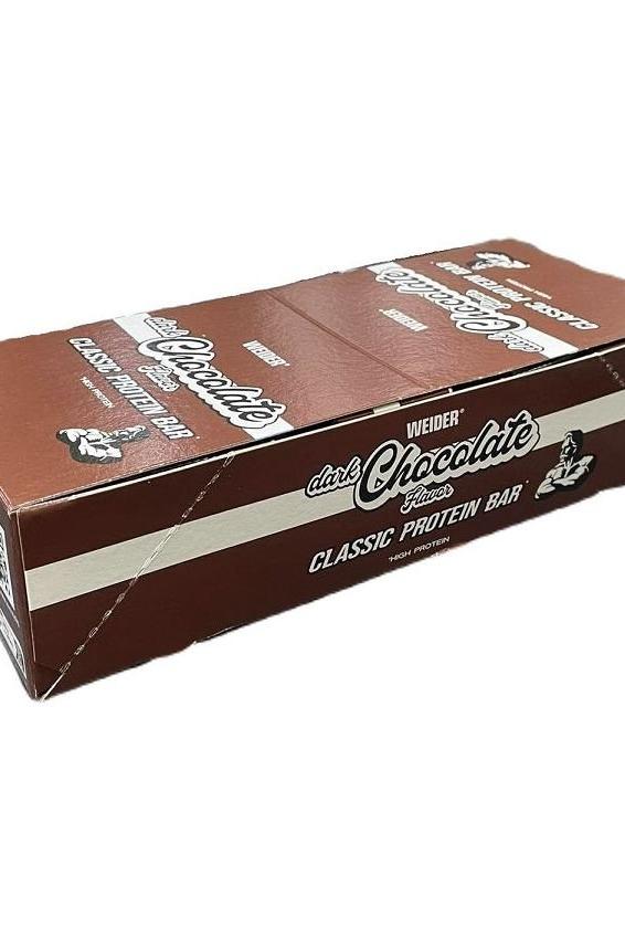 Weider Classic Protein Bar in Dark Chocolate packaging, convenient 24 x 35g box for on-the-go snacking.